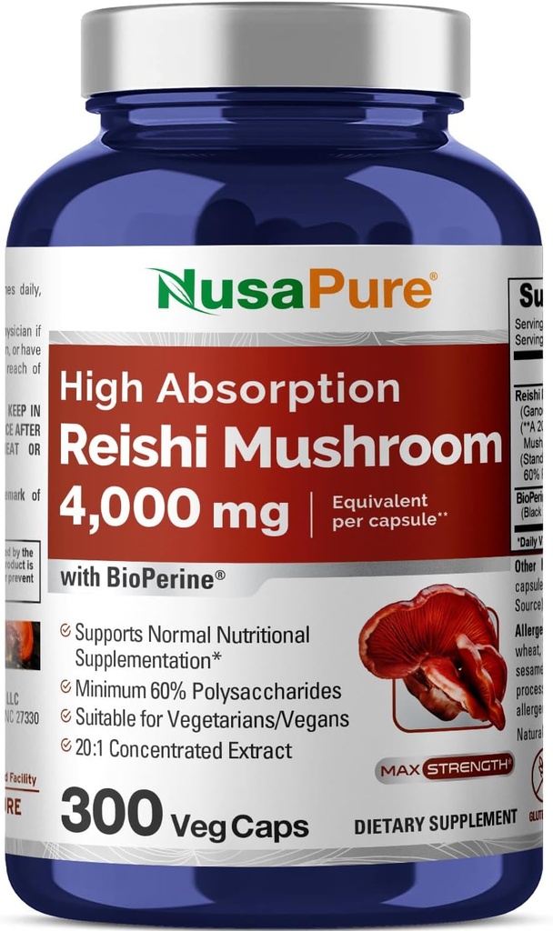 NusaPure Reishi Mushroom Extract 20:1 Extract, 200 mg Ισοδύναμο με 4000mg ανά κάψουλα 300 Veggie Caps Vegan, Non-GMO, Vegan
