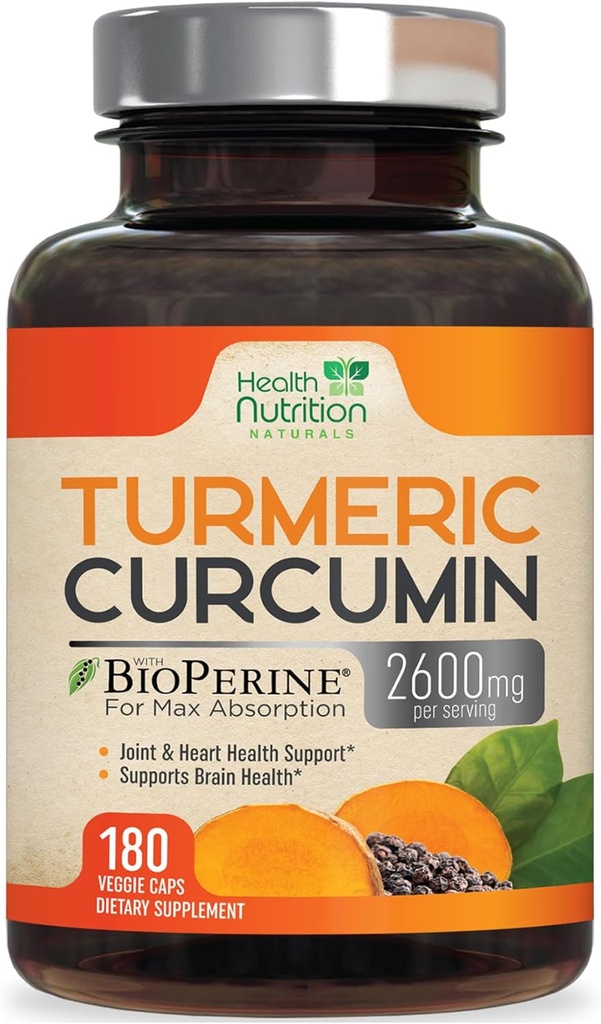 Turmeric Curcumin Supplement 2600mg - 95% Curcuminoids with Organic Turmeric & BioPerine Black Pepper for Best Absorption, Nature's Vegan Joint Support, Non-GMO Tumeric, Bottled in USA - 180 Capsules