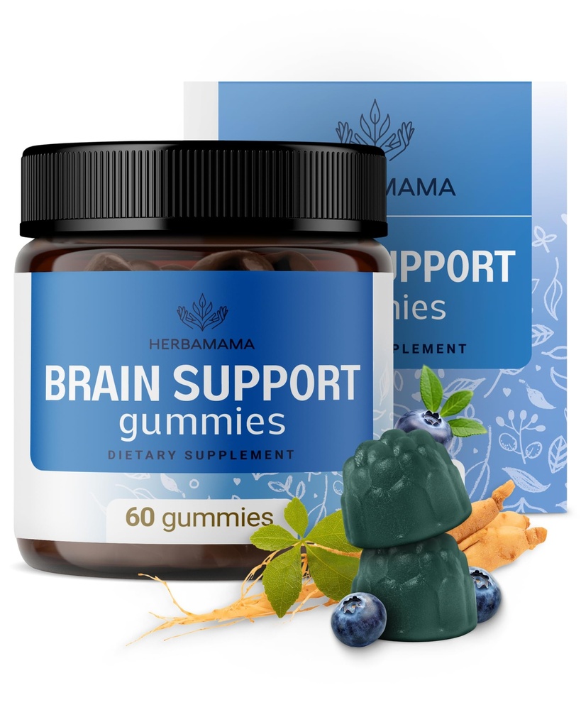 HERBAMAMA Brain Support Gummies – Brain Focus Supplements for Adults with Ashwagandha, Bacopa Monnieri, Vitamin C & B12 – Vegan, Non-GMO Calming Gummies – 60 Pectin-Based Blueberry-Flavored Chews