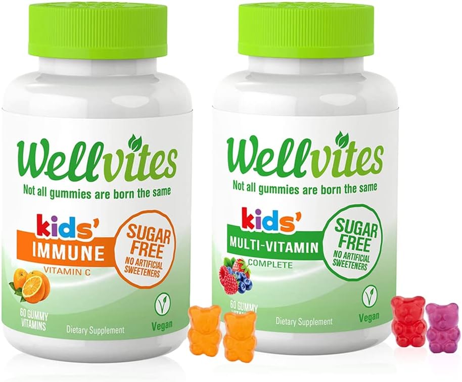 Wellvites Kids Multivitamin & Immune Daily Gummies Bundle - Χωρίς ζάχαρη, Vegan, Μη ΓΤΟ – Βιταμίνες για παιδιά – Βιταμίνη C για παιδιά Ανοσοποιητική Υποστήριξη - Χωρίς Τεχνητά γλυκαντικά – 60 Μέτρα