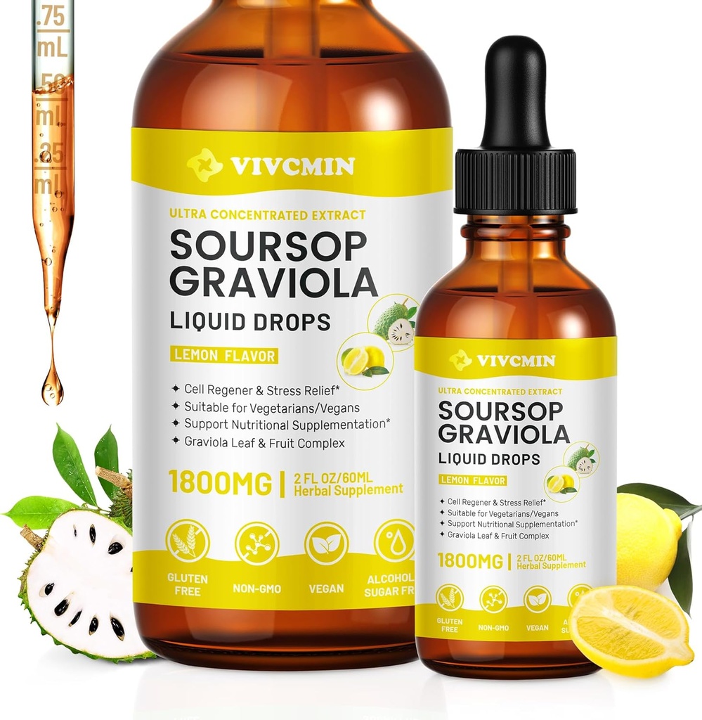 Graviola Soursop Leaf Extract Liquid - Soursop Bitters Υγρό, Υποστήριξη Ανοσοποιητικό, Χαλαρώστε, Ήπαρ και Ύπνο, Ζάχαρη & Αλκοόλ-Δωρεάν, Πολύ Απορροφήσιμη Φόρμουλα, Λεμόνι Γεύση, 2 Fl Oz