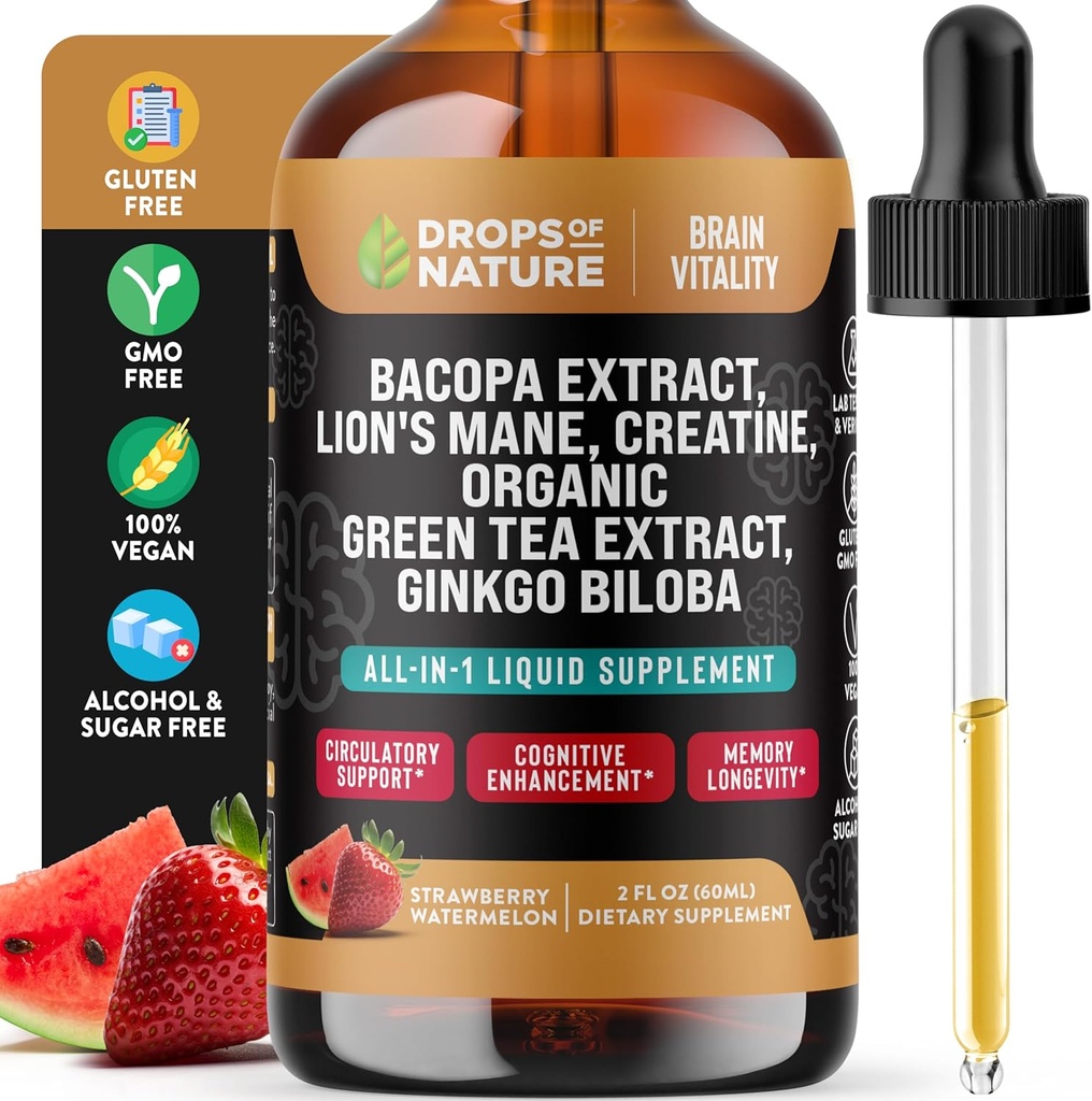 Creatine & Bacopa Liquid Drops with Lion’s Mane, Green Tea & Ginkgo Biloba - Ταχύτερη Απορροφώντας Blend από Gummies & Pills - Vegan Supplement for Enhanced Focus & Cognition (Strawberry Watermelon, 60mL)