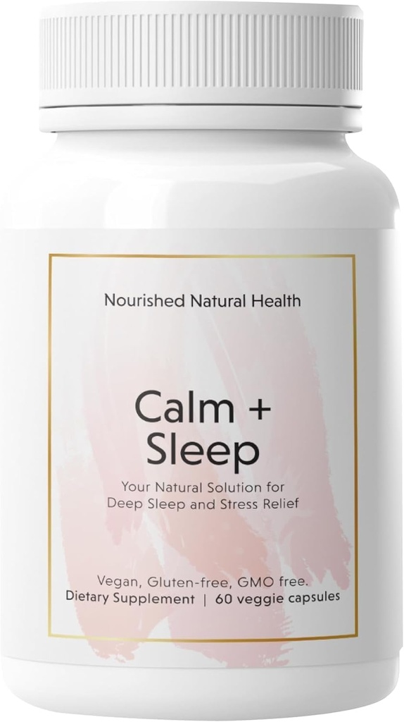 Nourished Natural - Calm + κάψουλες ύπνου για βαθιά ξεκούραση & χαλάρωση με Ashwagandha, χαμομήλι, εκχύλισμα ταρτ κεράσι, passionflower, L-theanine, & Magnesium - 60 κάψουλες