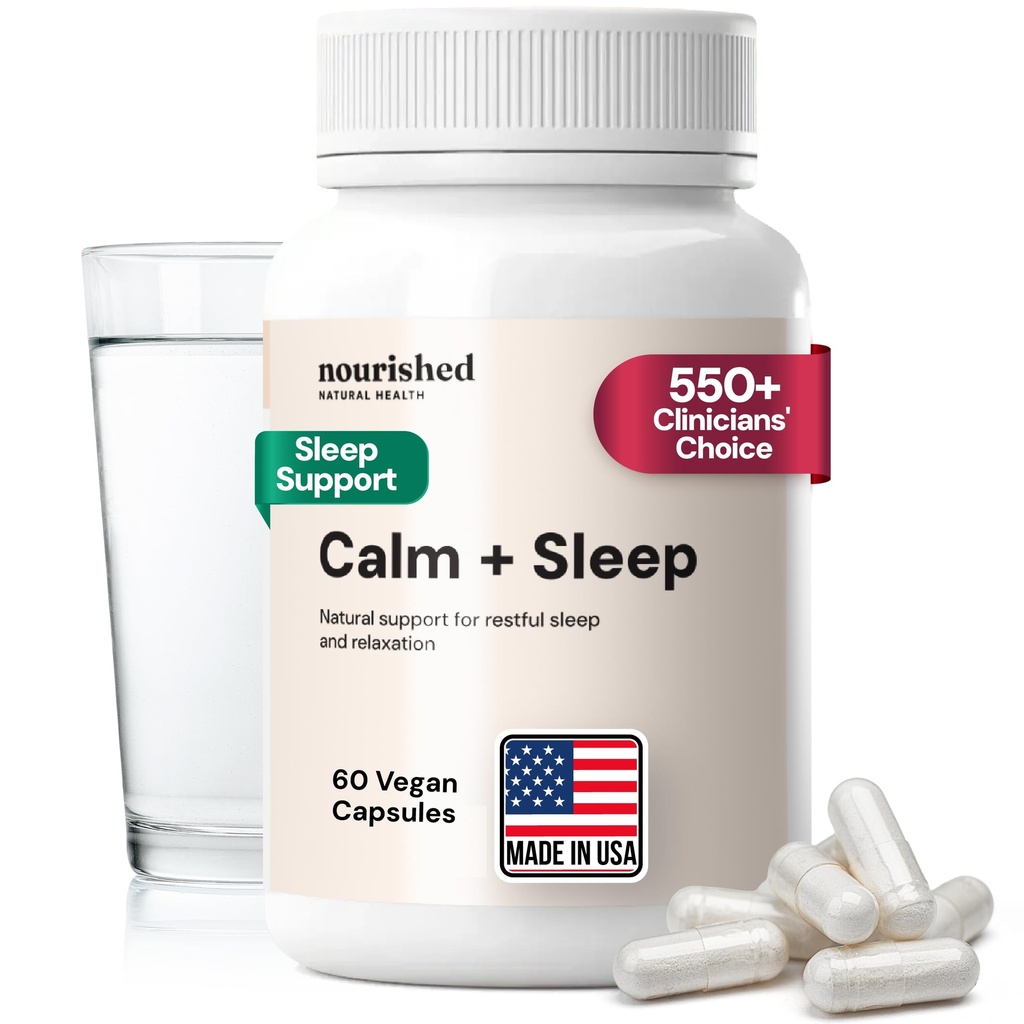 Nourished Natural - Calm + κάψουλες ύπνου για βαθιά ξεκούραση & χαλάρωση με Ashwagandha, χαμομήλι, εκχύλισμα ταρτ κεράσι, passionflower, L-theanine, & Magnesium - 60 κάψουλες