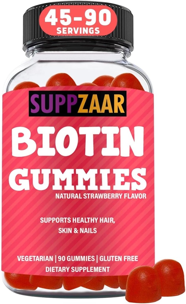 Vegan Biotin Gummies - Βιταμίνες για την ανάπτυξη των μαλλιών για γυναίκες & άνδρες - Δέρμα μαλλιών και νύχια Βιταμίνες - Φράουλα Γεύσεις Gummy Βιταμίνες - Μη ΓΤΟ, Ζελατίνη & Γλουτένη-ελεύθερο, 90 Gummies - SUPZAAR