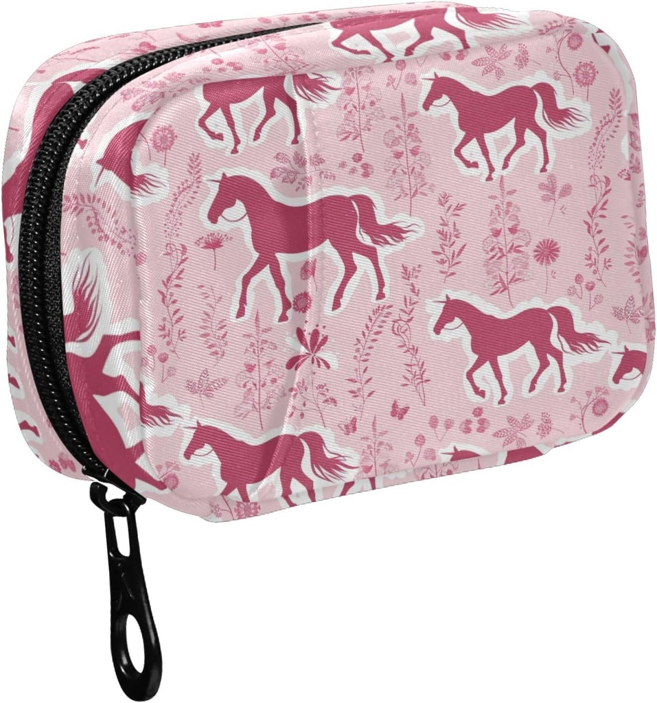 Fustylead Pink Horse Silhouette και Botanical Decor Elements Pill Organizer για την τσάντα, Weekly Portable Pill Box με Zipper για την αποθήκευση Βιταμίνες Fish Oils Συμπληρώματα