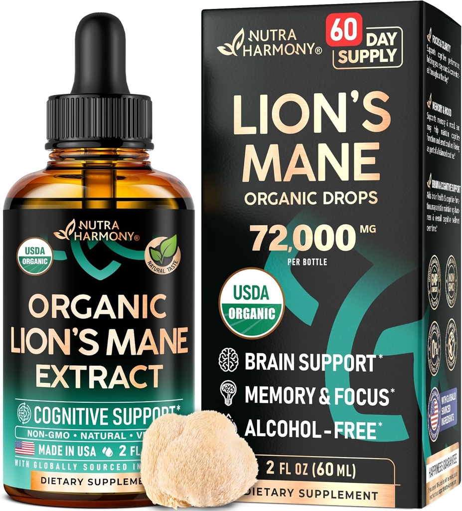 Lions Mane Liquid - USDA Certified Organic Lions Mane Supplement - Υποστήριξη εγκεφάλου, ενέργεια, μνήμη και εστίαση - Ζάχαρη & Αλκοόλ-ελεύθερο Muse Mushroom Extract 72,000 mg / μπουκάλι, 2 FL OZ, 2 Μήνες προσφοράς
