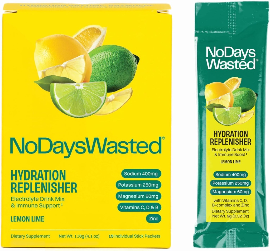 No Days Wasted Hydration Replenisher 15 Count - Electrolyte Powder Drink Mix - Lemon Lime - Sodium and Potassium for Rehydrating Plus Vitamins for Support (15 Count)