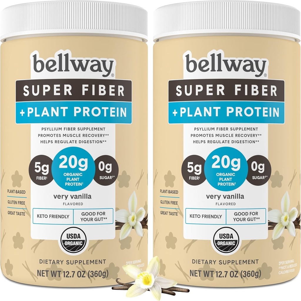 Bellway Super Fiber + Protein Powder (2 Pack), Sugar-Free Βιολογικό Psyllium Husk Fiber Συμπλήρωμα σκόνης με 20g πρωτεΐνη φυτών ανά υπηρεσία, Very Vanilla, 24.14 oz