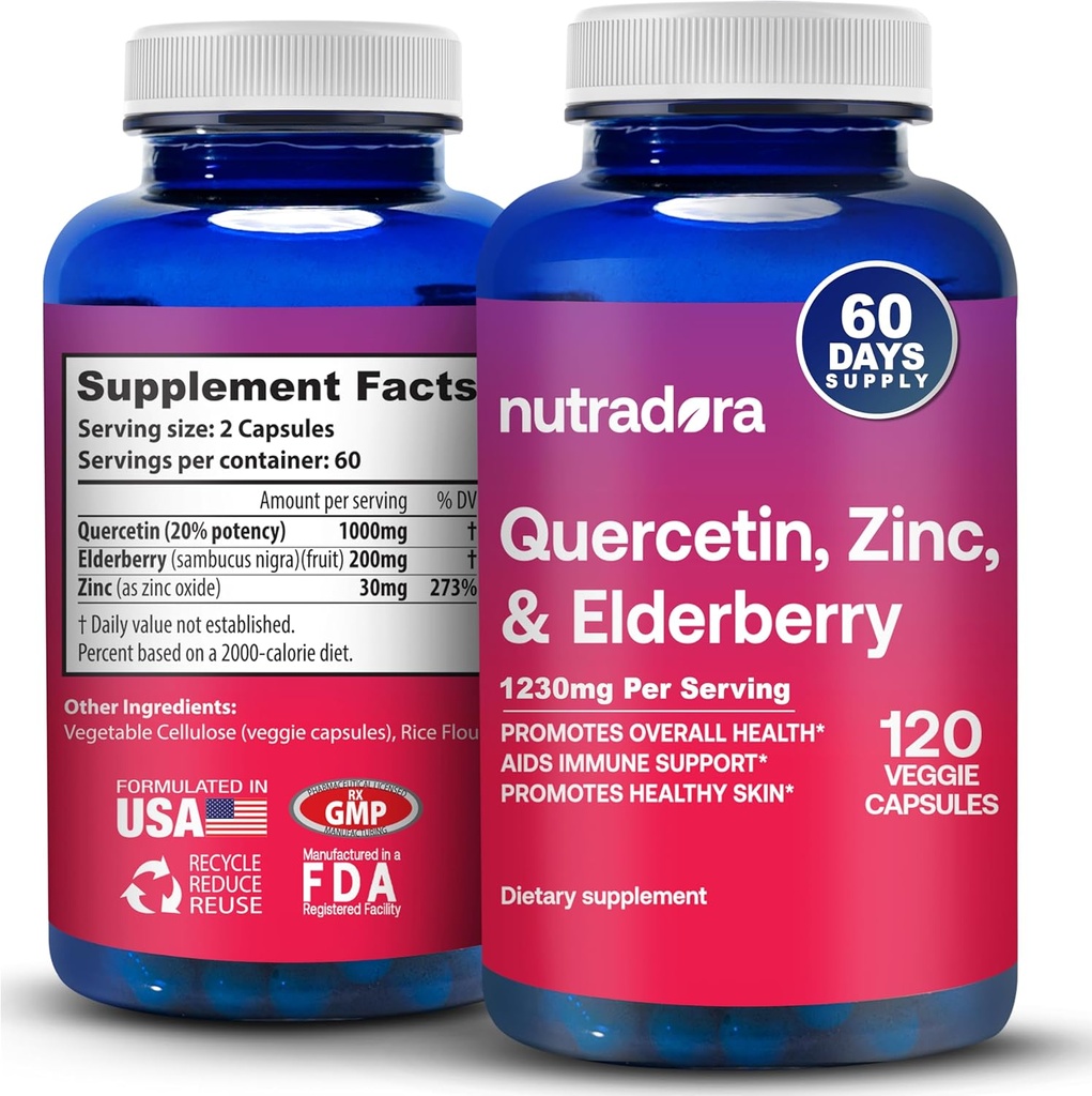 Quercetin 1000mg Κάψουλες Veggie, μη GMO, Συμπληρώματα ψευδάργυρου Elderberry Quercetin Υποστηρίζει ανοσοποιητική, καρδιοαγγειακή και αναπνευστική υγεία,120 κάψουλες (πακέτο του 1)