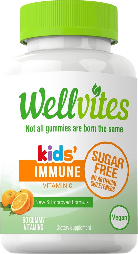 Wellvites Sugar Free Kids Immune Daily Gummy Vitamins - Vegan, Non-GMO - Βιταμίνη C Gummies for Kids Immune Support, No Artificial Sweeteners, Gluten-free, Gelatin-free, 60 Count (30 Day Supply)