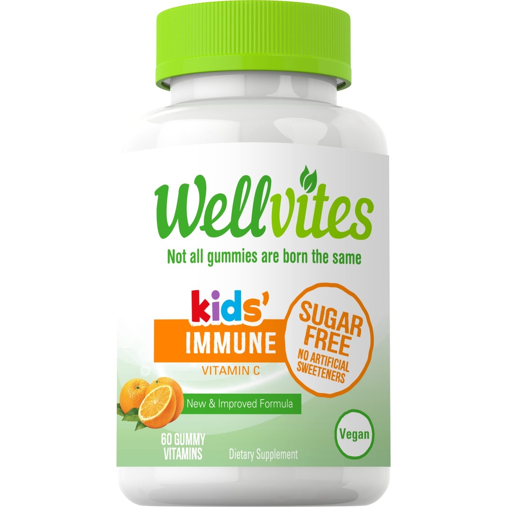 Wellvites Sugar Free Kids Immune Daily Gummy Vitamins - Vegan, Non-GMO - Βιταμίνη C Gummies for Kids Immune Support, No Artificial Sweeteners, Gluten-free, Gelatin-free, 60 Count (30 Day Supply)