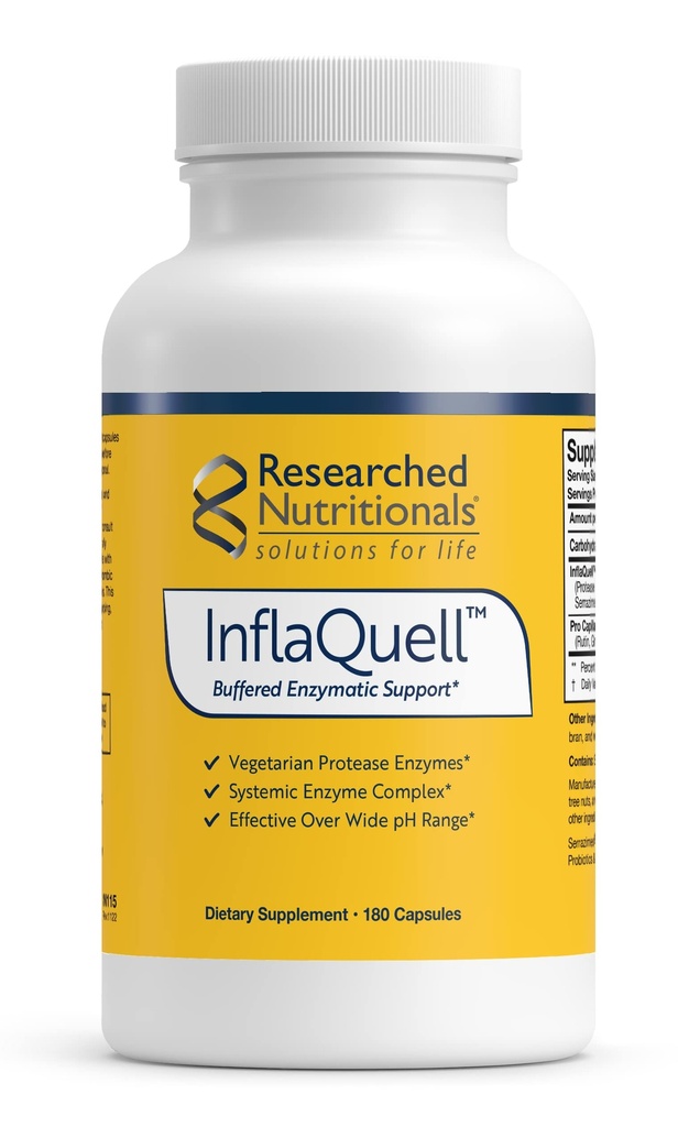 Researched Nutritionals InflaQuell - Vegetarian Proteolytic Enzymes, Ginger & Rutin Supplement for Inflammation Response, Vascular & Respiratory Support (180 Capsules)
