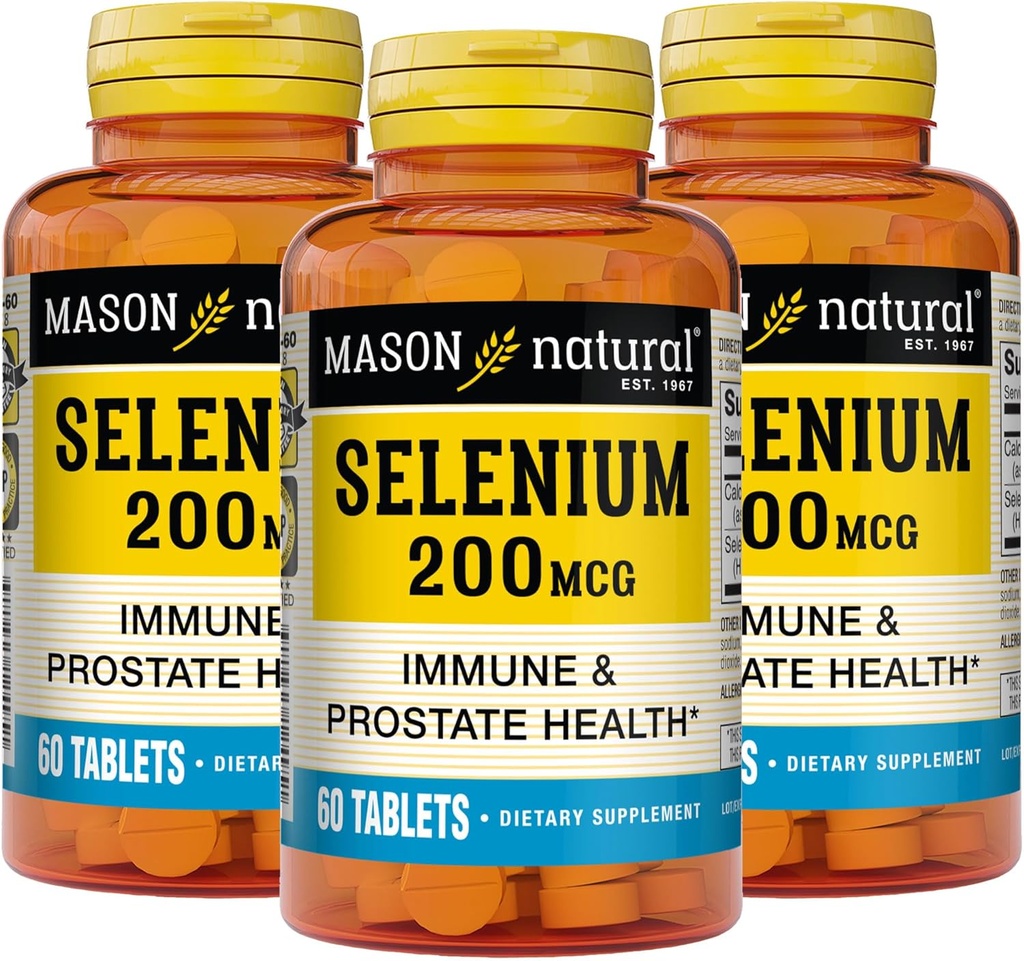 MASON NATURAL Selenium 200 mcg - Συμπλήρωμα Αντιοξειδωτικών για την Ανοσολογική Υποστήριξη & την Υγεία του Προστάτη, Ουσιαστικό Ορυκτό Ίχνη, 60 Δισκία (Pack of 3)
