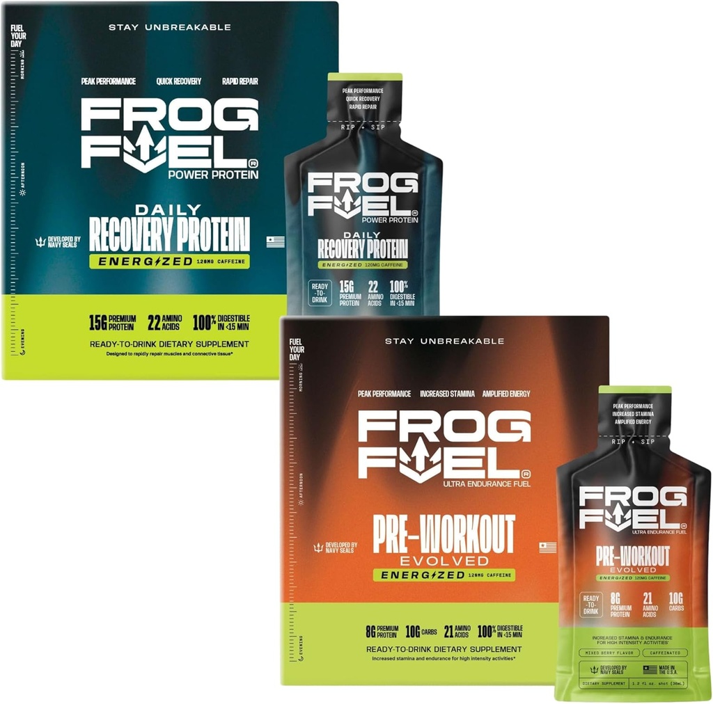 Frog Fuel Power Energized Protein & Ultra Energized Pre Processed Shot Bundle, 1500mg Beta Alanine, 15g Protein Nano-Hydrolyzed Grass Fed Collagen, Pre & Post Workout, 1.2 oz Packets, 48 Pack