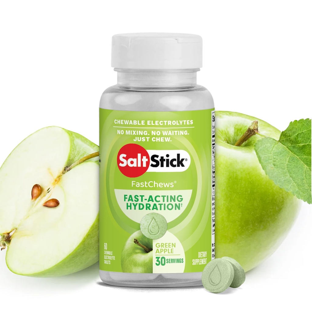 SaltStick Electrolyte FastChews - 60 Green Apple Chewable Electrolytes - Δισκία άλατος για τρέξιμο και ενυδάτωση, Μάσημα ηλεκτρολυτών - 60 Count