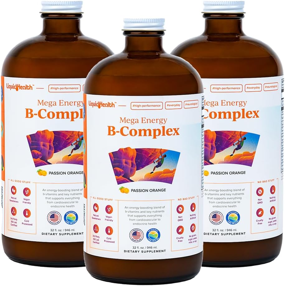 LIQUIDHEALTH Mega Energy methylated B-Complex, Adult Liquid Vitamin Supplement - Αυξάνει την ενέργεια, Ανακουφίζει το στρες & Κόπωση, Ανοσοποιητική Υποστήριξη, Καρδιά & Οπίσθια Υγεία - Made in USA, Vegan, Sugar-Free (3 Pack)