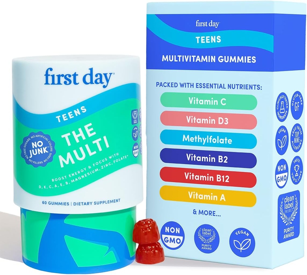 Πρώτη Ημέρα Βιταμίνες για Έφηβους - Εφηβικές Πολλαπλές Βιταμίνες για Κορίτσια & Αγόρια 12-17, Βιολογικά Φρούτα & Veggie Blend - 12 Βασικά Θρεπτικά συστατικά: Βιταμίνες A, B1, B2, B6, B9, B12, C, D3, E, K2-30 Ημέρα προσφοράς