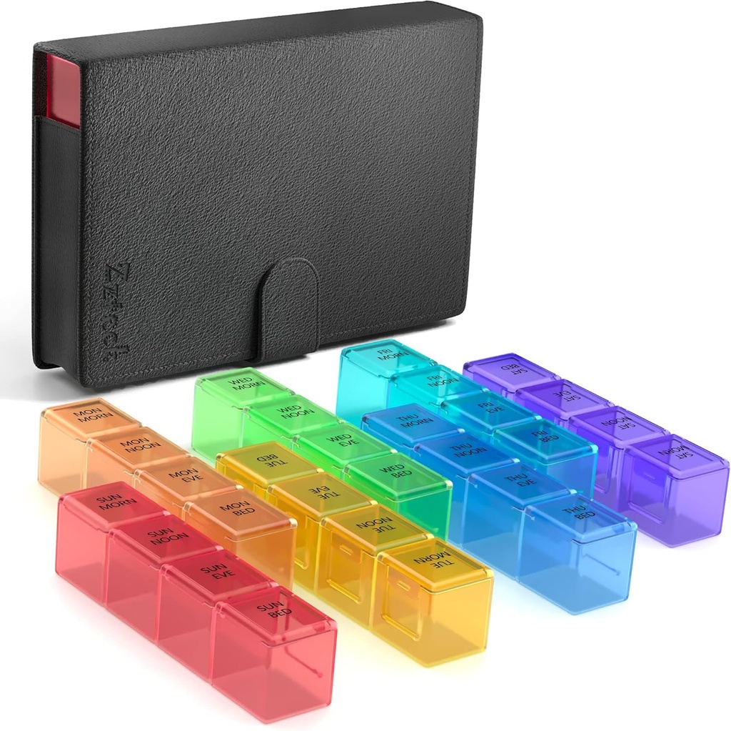 Deeper and Larger Compartments Daily Pill Organizer AM PM Medicine Pill Box, 7-Day Weekly Holder -Zzteck PU Leather Travel Case Day Night Large Medication Reminder Dispenser Vitamin Holder Container