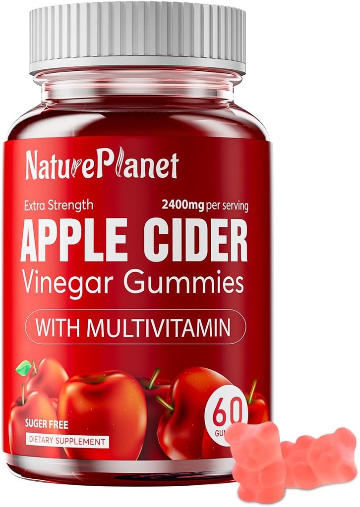 NaturePlanet Apple Cider Vinegar Gummies, 2400 MG ACV Gummies με πολυβιταμίνη, Vegan, μη ΓΤΟ, Χωρίς γλουτένη, 60 Gummies