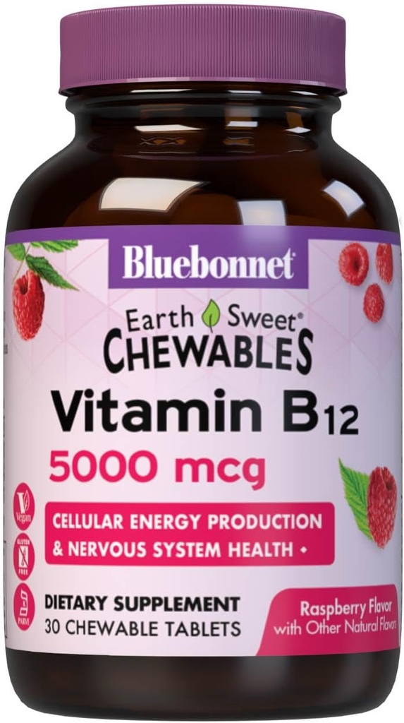 Bluebonnet Διατροφή Γη Γλυκή βιταμίνη B12 5000 mcg Μασώμενα δισκία, χωρίς σόγια, χωρίς γλουτένη, Kosher Πιστοποιημένη, Γαλακτοκομική, Vegan, Βατόμουρο Γεύση, 30 Μασώμενα δισκία, 30 Σερβιέτες