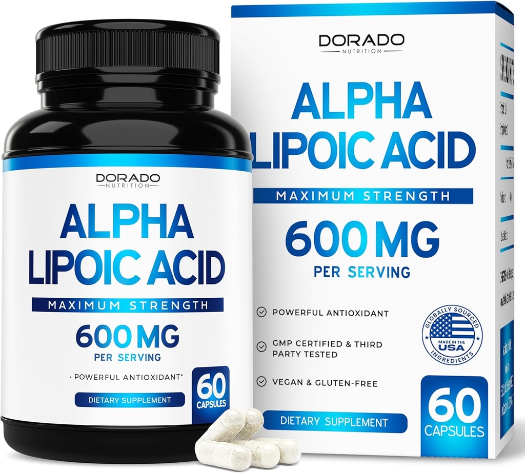 Alpha Lipoic Acid 600mg per Serving 60 Κάψουλες - Ισχυρό Αντιοξειδωτικό για τη Νευροπάθεια και την Καρδιαγγειακή Υγεία (Συμπλήρωμα ALA) - Δοκιμασμένο τρίτο μέρος, Μη ΓΤΟ, Χωρίς Γλουτένη, Vegan & USA Made
