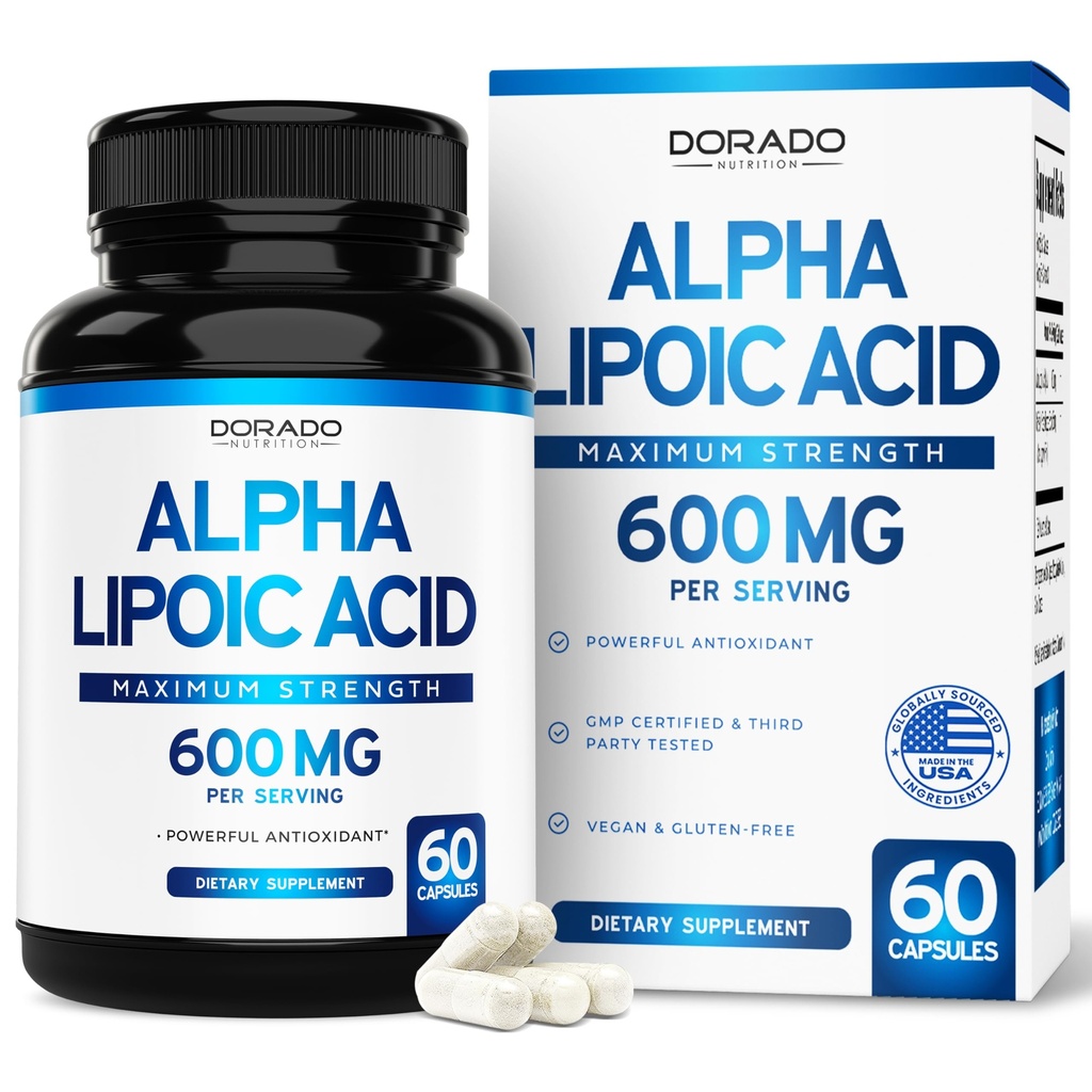 Alpha Lipoic Acid 600mg per Serving 60 Κάψουλες - Ισχυρό Αντιοξειδωτικό για τη Νευροπάθεια και την Καρδιαγγειακή Υγεία (Συμπλήρωμα ALA) - Δοκιμασμένο τρίτο μέρος, Μη ΓΤΟ, Χωρίς Γλουτένη, Vegan & USA Made