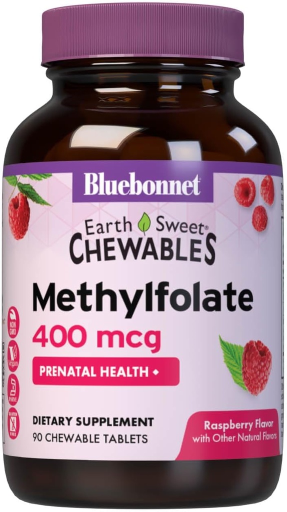Bluebonnet EarthSweet Methylfolate 400 mcg Cellular Active Coenzyme 5- MTHF L Συμπλήρωμα Φολικό Μεθύλιο - Προγεννητική & Ενεργειακή Υποστήριξη* - Μη ΓΤΟ, Vegan, Χωρίς Γλουτένη - Βατόμουρο - 90 Μασώμενα δισκία