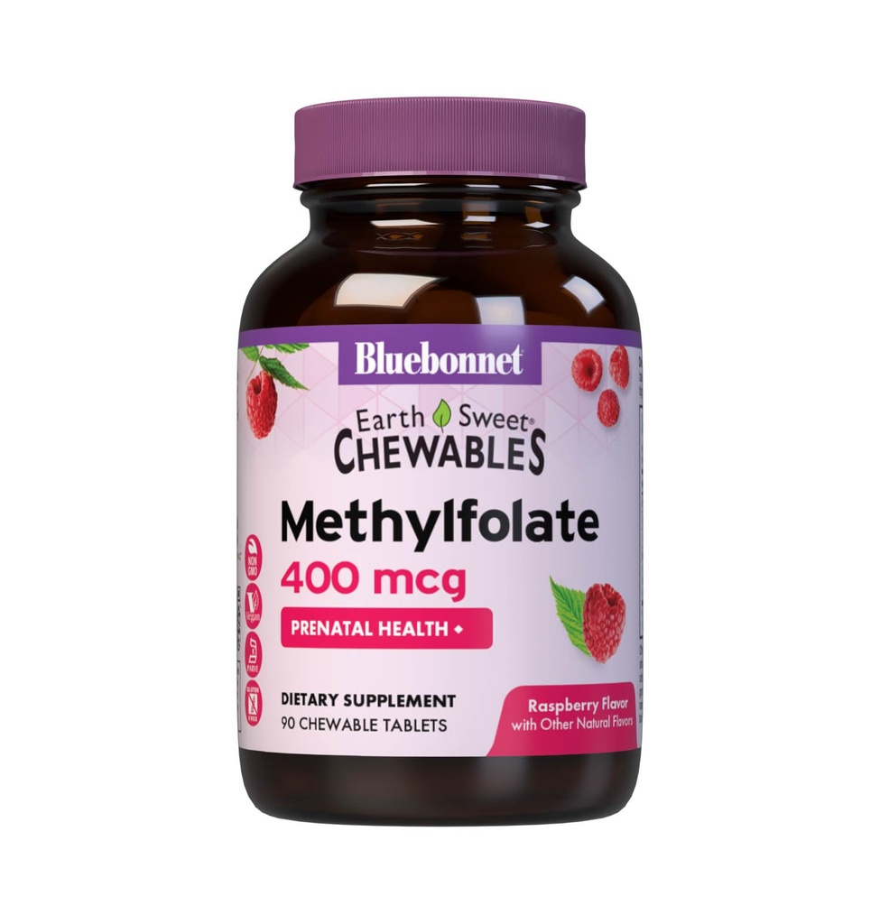 Bluebonnet EarthSweet Methylfolate 400 mcg Cellular Active Coenzyme 5- MTHF L Συμπλήρωμα Φολικό Μεθύλιο - Προγεννητική & Ενεργειακή Υποστήριξη* - Μη ΓΤΟ, Vegan, Χωρίς Γλουτένη - Βατόμουρο - 90 Μασώμενα δισκία