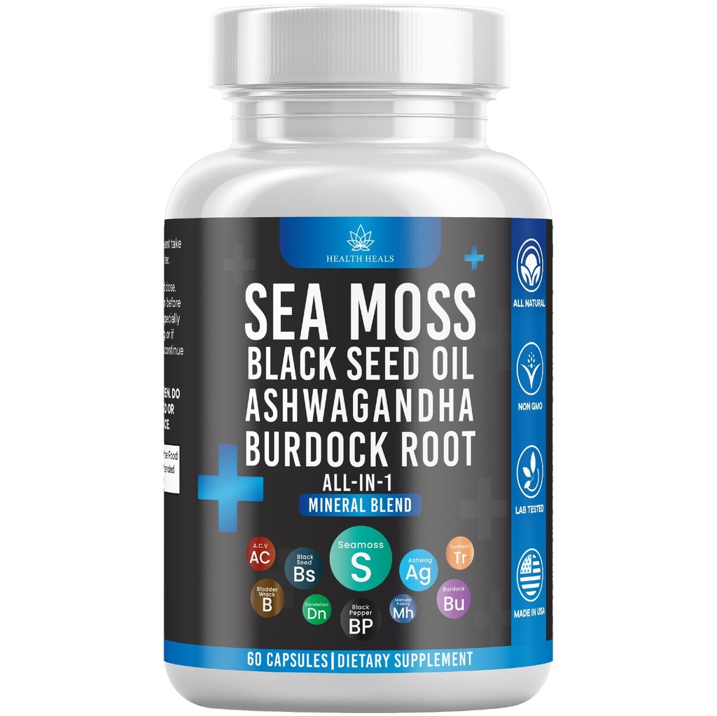 Silicon Sea Moss Μαύρο πετρέλαιο σπόρων Ashwagandha Bladderwrack Burdock - 60 κόμης