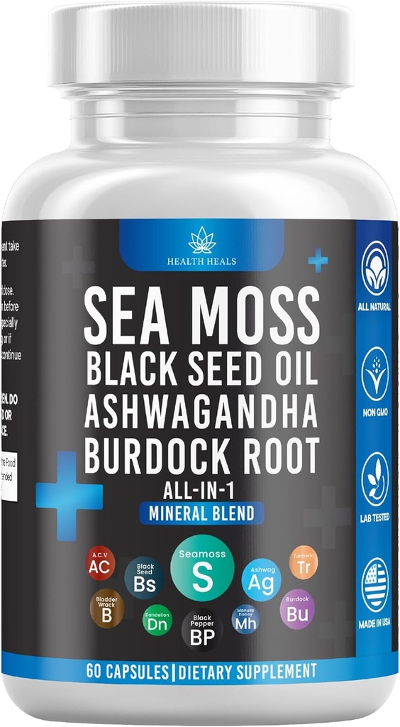 Silicon Sea Moss Μαύρο πετρέλαιο σπόρων Ashwagandha Bladderwrack Burdock - 60 κόμης