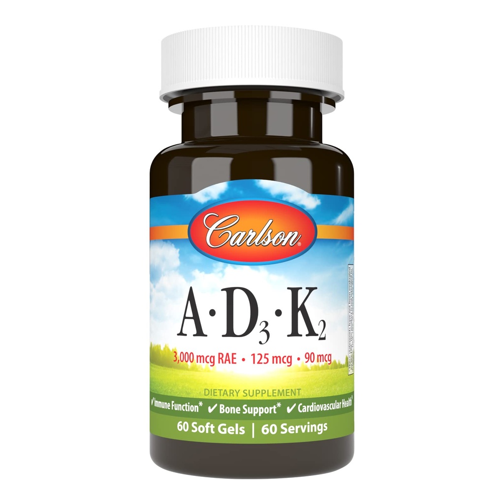 Carlson - Vitamins A, D3, K2, 3000 mcg RAE Vitamin A, 125 mcg Vitamin D3, 90 mcg Vitamin K2 as MK-7, Bone Building, Calcium Utilization, 60 Soft Gels