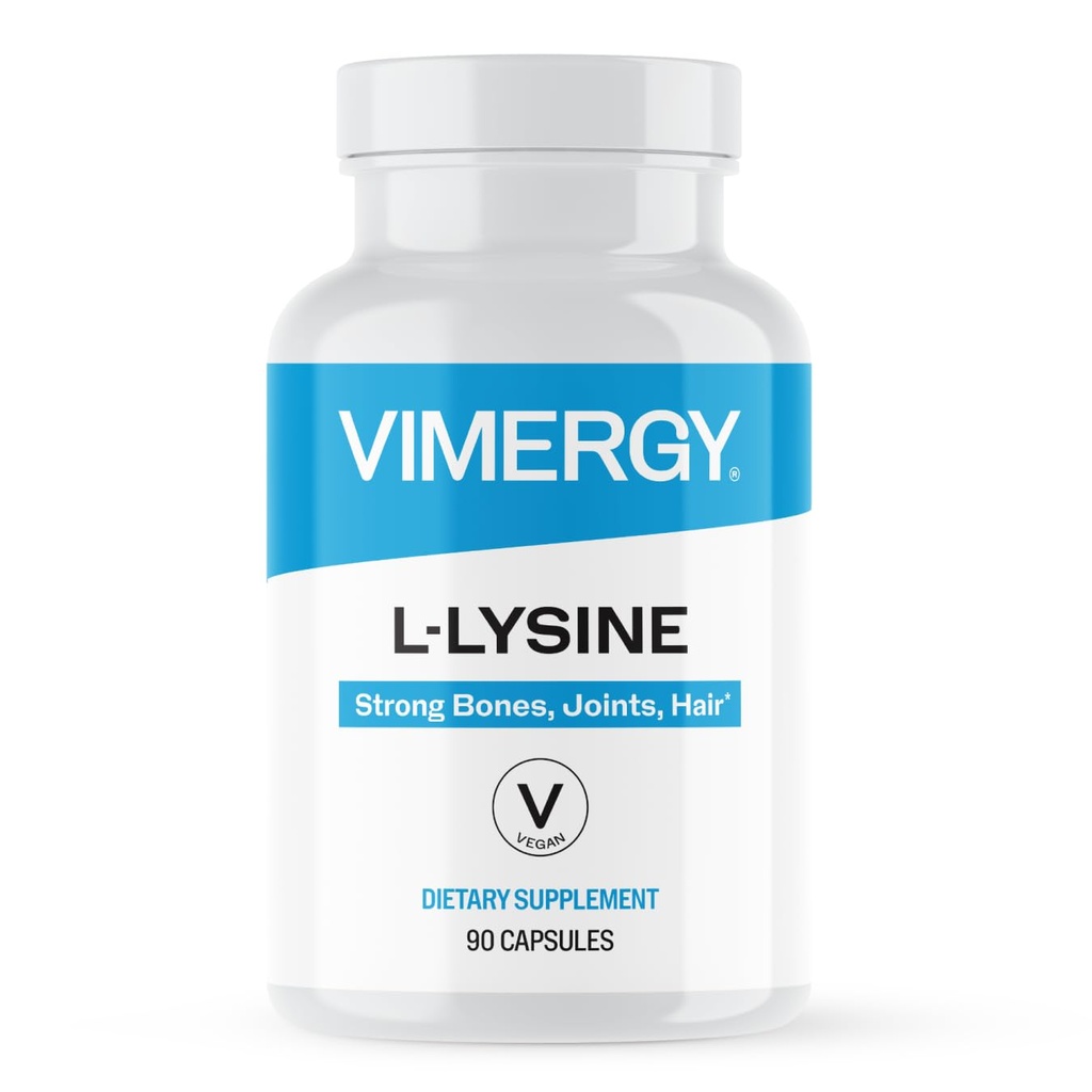 Vimergy L-Lysine – Προάγει το υγιές δέρμα, τα μαλλιά και τα νύχια* – Υποστηρίζει τον υγιή μεταβολισμό * – Vegan, μη ΓΤΟ και χωρίς γλουτένη – 90 κάψουλες