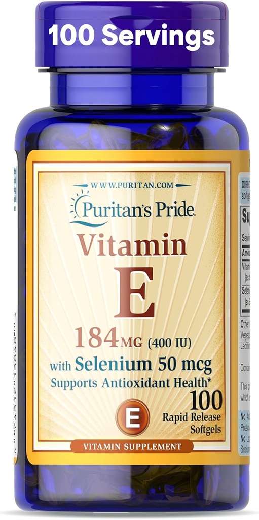 Puritan's Pride Vitamin E 184mg (400 IU) with Selenium 50mcg, Vitamin Supplement For Immune System and Antioxidant Health Support, 3 Month Supply, 100 Rapid Release Softgels