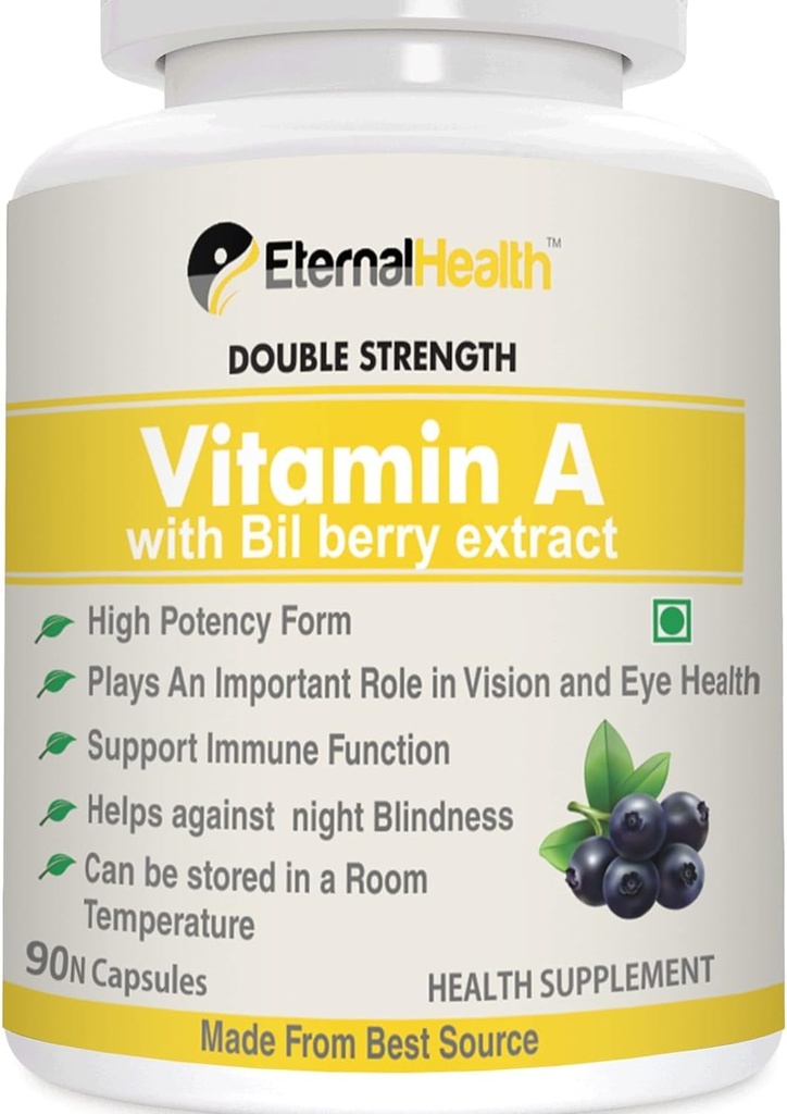 Eterna.l-Health Βιταμίνη Α (διπλή δύναμη) με εκχυλίσματα Bilberry και εκχυλίσματα Retinyl Palmitate- μορφή υψηλής ισχύος - Υποστηρίζει υγιή όραση & ανοσοποιητικό σύστημα και υγιή ανάπτυξη – κάψουλες 90 Veg