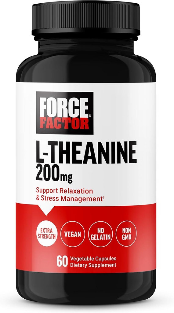 FORCE FACTOR L Theanine, Extra Strength L-Theanine Supplement for Stress Relief, and supporting Calm and Relaxation, L Theanine 200mg Κάψουλες, Vegan, Non-GMO, No Gelatin, 60 Καψάκια λαχανικών