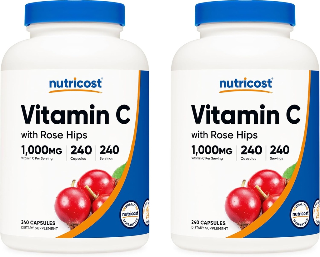Nutricost Βιταμίνη C με Rose HIPS 1025mg, 240 κάψουλες (2 φιάλες) - Premium χωρίς ΓΤΟ, χωρίς γλουτένη Βιταμίνη C συμπλήρωμα