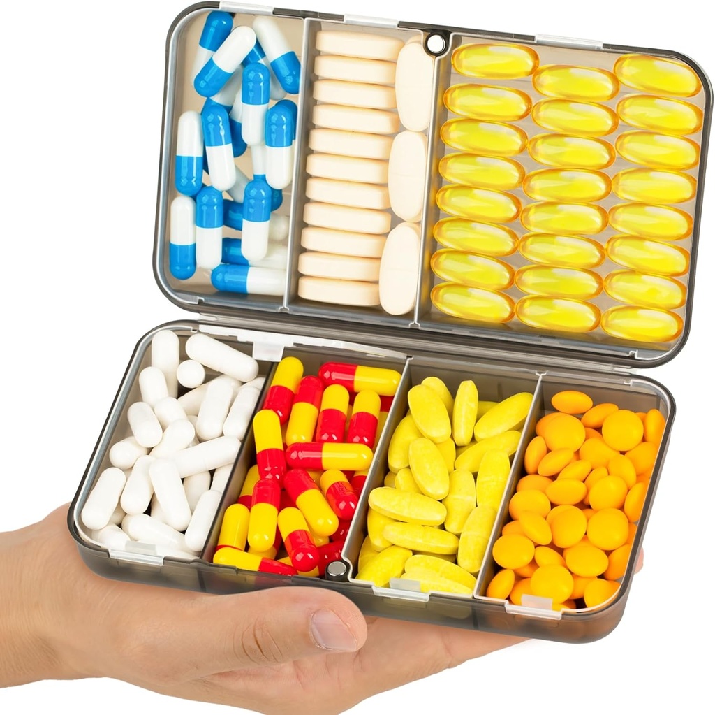 Yaklim Magnetic Travel Pill Organizer, 7 διαμερίσματα Portable Pill Box, Big Vitamin Organizer with Labels, Daily Pill Case Medicine Organizer, Big Supplement Organizer Magnet Pill Container Γκρι