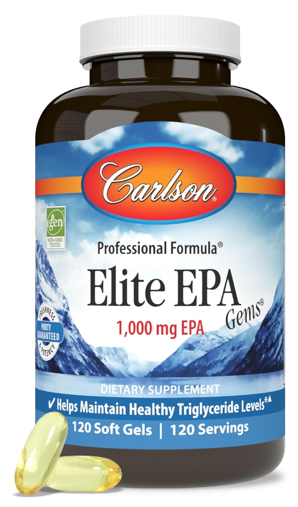 Carlson - Elite EPA Gems, 1000 mg EPA Fish Oil, Wild-Caught, Νορβηγικό ιχθυέλαιο, Με Βιώσιμη προέλευση, Βοηθά στη διατήρηση Υγιή επίπεδα τριγλυκεριδίων, 120 Softgels