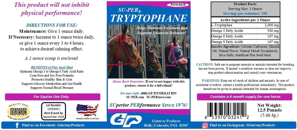 SU-PER Tryptophan Horse Calming Supplement - Διατήρηση ηρεμίας και υποστήριξης Ισορροπημένη Συμπεριφορά - 12,5 Λίρες, 6 Μήνες Προσφορά