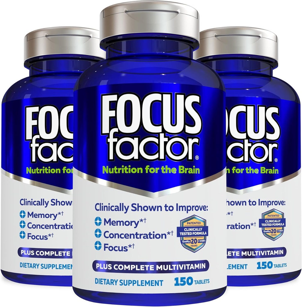 Focus Factor Nutrition for The Brain, Βελτιωμένη Μνήμη & Συμπληρώματα Συγκέντρωσης Εγκεφάλου, Πλήρης πολυβιταμίνη με Βιταμίνες B6, B12, D, Bacopa Monnieri & Tyrosine, 150 Count (πακέτο των 3)