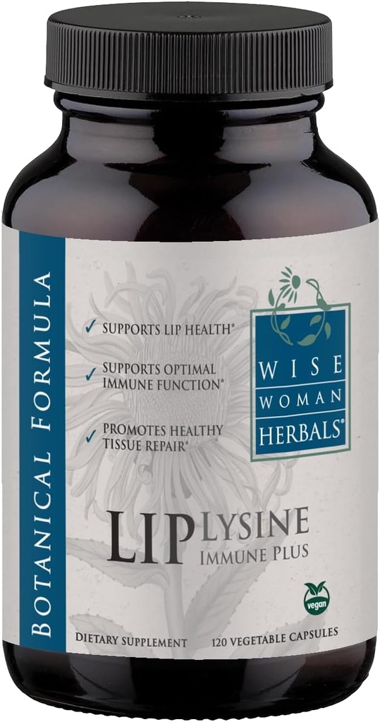 Wise Woman Herbals Lysine Immune Plus Lip, Φόρμουλα μη GMO χωρίς πρόσθετα, L-Lysine & Immunity Blend, Lip & Skin Health Support, Natural Immune Defense, 120 Veg Caps