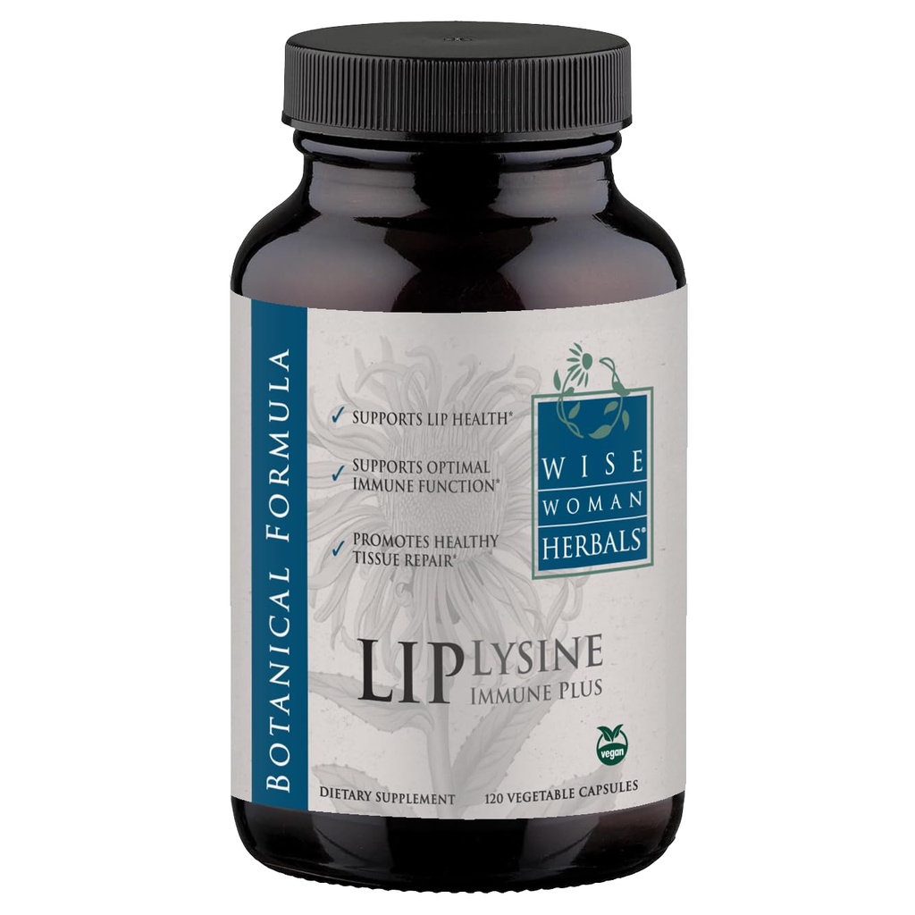 Wise Woman Herbals Lysine Immune Plus Lip, Φόρμουλα μη GMO χωρίς πρόσθετα, L-Lysine & Immunity Blend, Lip & Skin Health Support, Natural Immune Defense, 120 Veg Caps