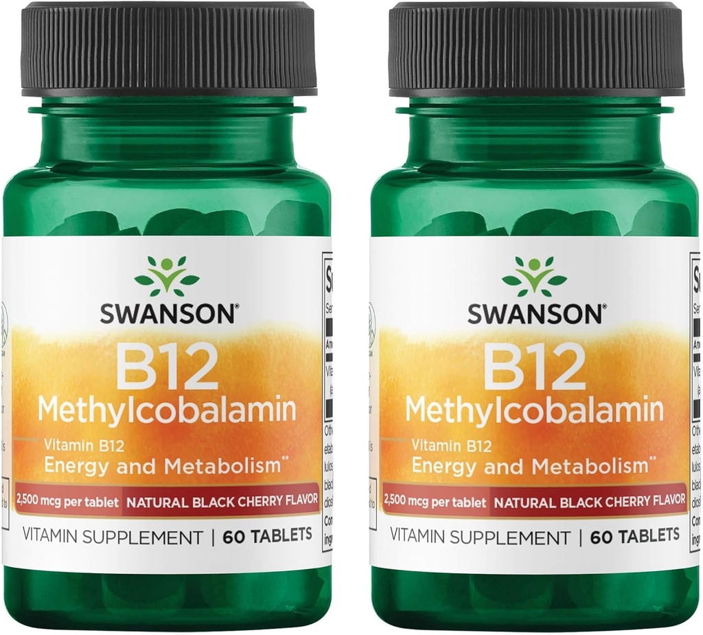 Swanson Vitamin B12 Methylcobalamin - Natural Black Cherry Flavored 2,500 mcg 60 Tabs (2 Pack)