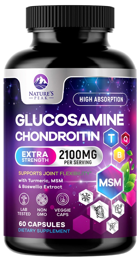 Glucosamine Chondroitin, MSM & Turmeric - Extra Strength Joint Support Supplement with 1500mg Glucosamine Sulfate per Serving - for Cartilage, Joint Health & Flexibility - Bottled USA - 60 Capsules