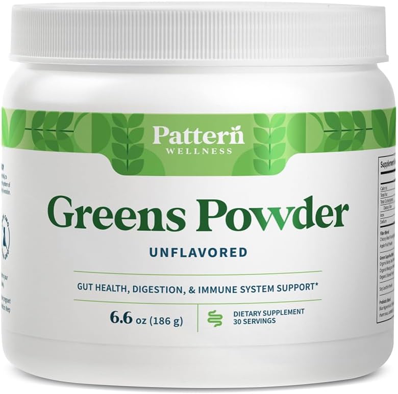 Pattern Wellness Greens Powder Superfood – με Αντιοξειδωτικό, Digestive Enzyme, Fiber, Probiotic & Adaptogen Blends – Υποστηρίζει Gut, Digestive & ανοσοποιητική υγεία – 30 Υπηρεσίες - 6,6 oz (Unflaved)