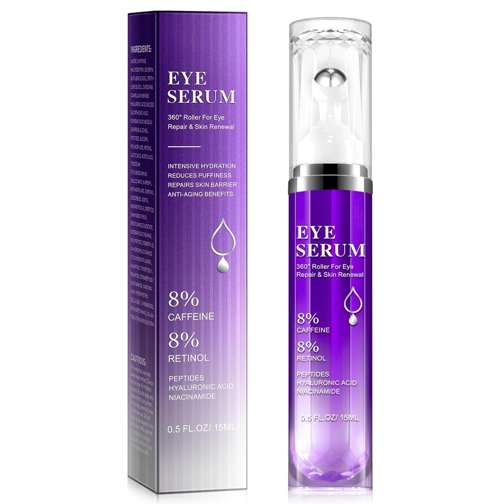 Ορός κυλίνδρων ματιών - 8% Caffeine & 8% Retinol Κρέμα ματιών για Σκοτεινούς Κύκλους, Puffy και Τσάντες, Puffy Τσάντες Fine Lines Ρυτίδες, 360° Κρέμα Μασάζ, Υαλουρονικό Οξύ Ορός για Άνδρες & Γυναίκες