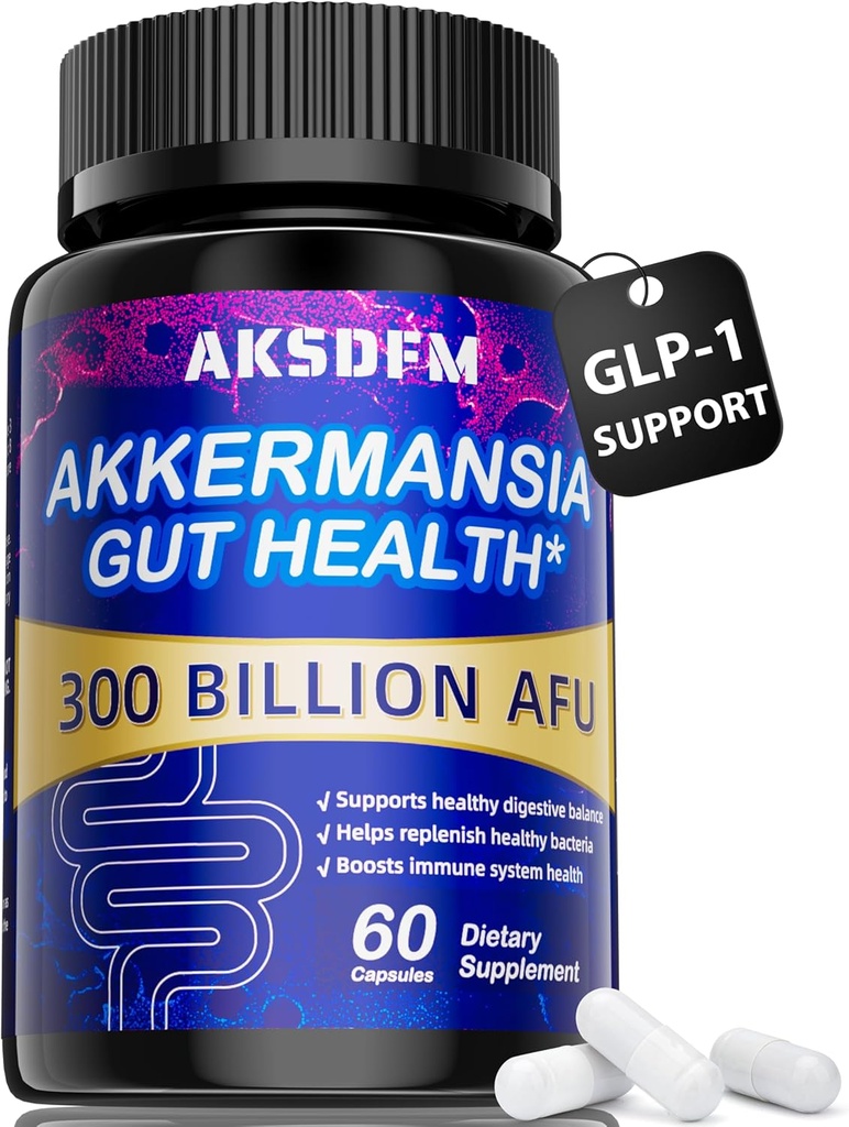 Συμπλήρωμα GLP-1 - 300 δισεκατομμύρια AFU Akkermansia Probiotic για γυναίκες & άνδρες, Akkermansia Muciniphila για παραγωγή GLP-1, Digestive, Gut, Ανοσία, Ενισχύει τη λειτουργία Gut Lining - 60 Count