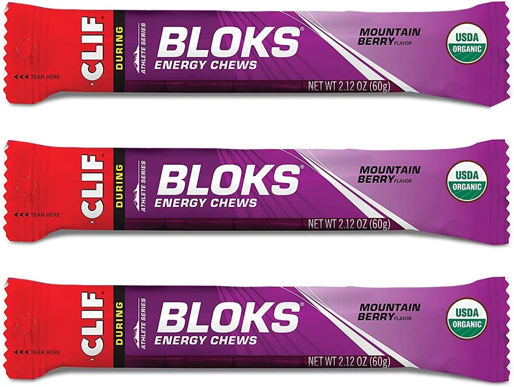 CLIF BLOKS - Ενεργειακά Chews - Mountain Berry - Μη-GMO - Φυτικά τρόφιμα - Γρήγορο καύσιμο για την ποδηλασία και τη λειτουργία -Εργασία Snack (2.1 Ounce Packet, 3 Count)