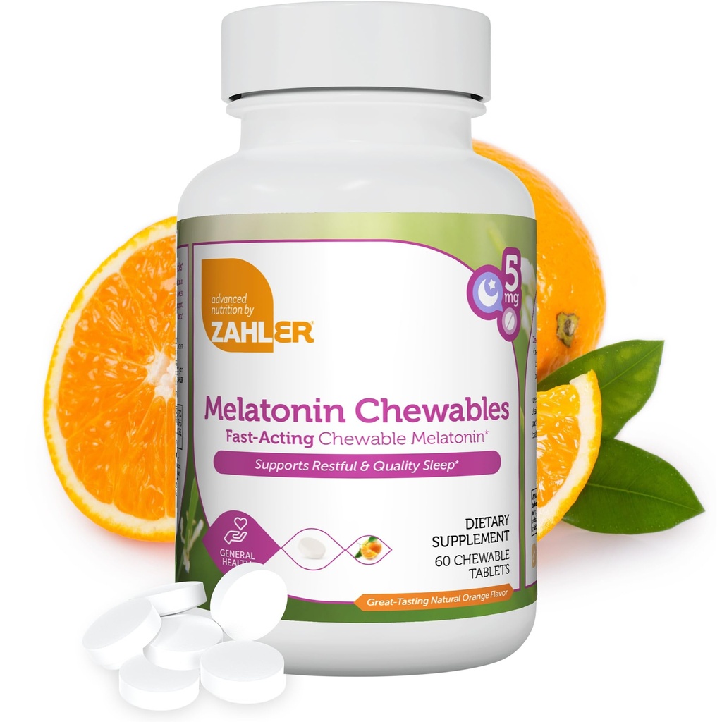 Zahler Melatonin 5mg Tablets - Ταμπλέτες μασώμενης μελατονίνης ταχείας δράσης 5 mg - Νόστιμο Πορτοκαλί Γεύση - Υποστηρίζει Ξεκούραστο και Ποιοτικό Ύπνο - Kosher Non GMO Made in USA Dietary Supplement, 60 Count